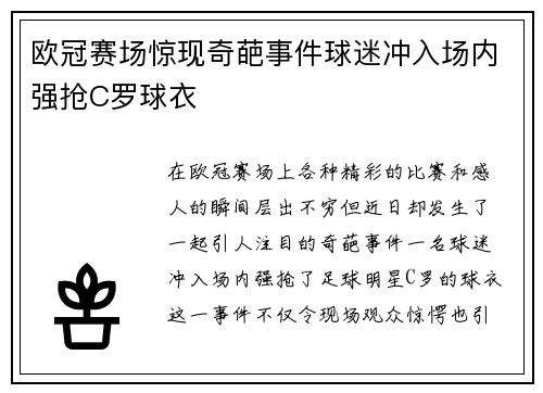 欧冠赛场惊现奇葩事件球迷冲入场内强抢C罗球衣